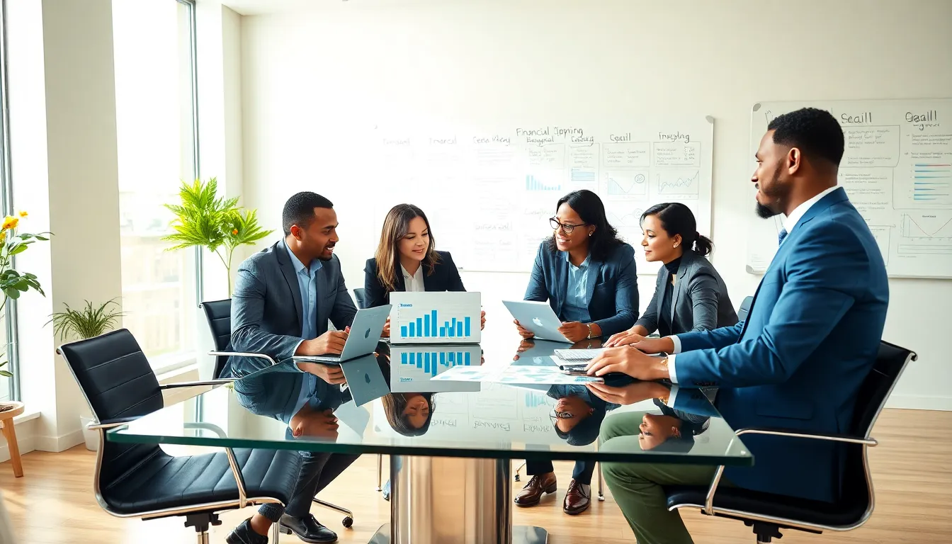 diverse professionals discussing financial freedom in a modern office.