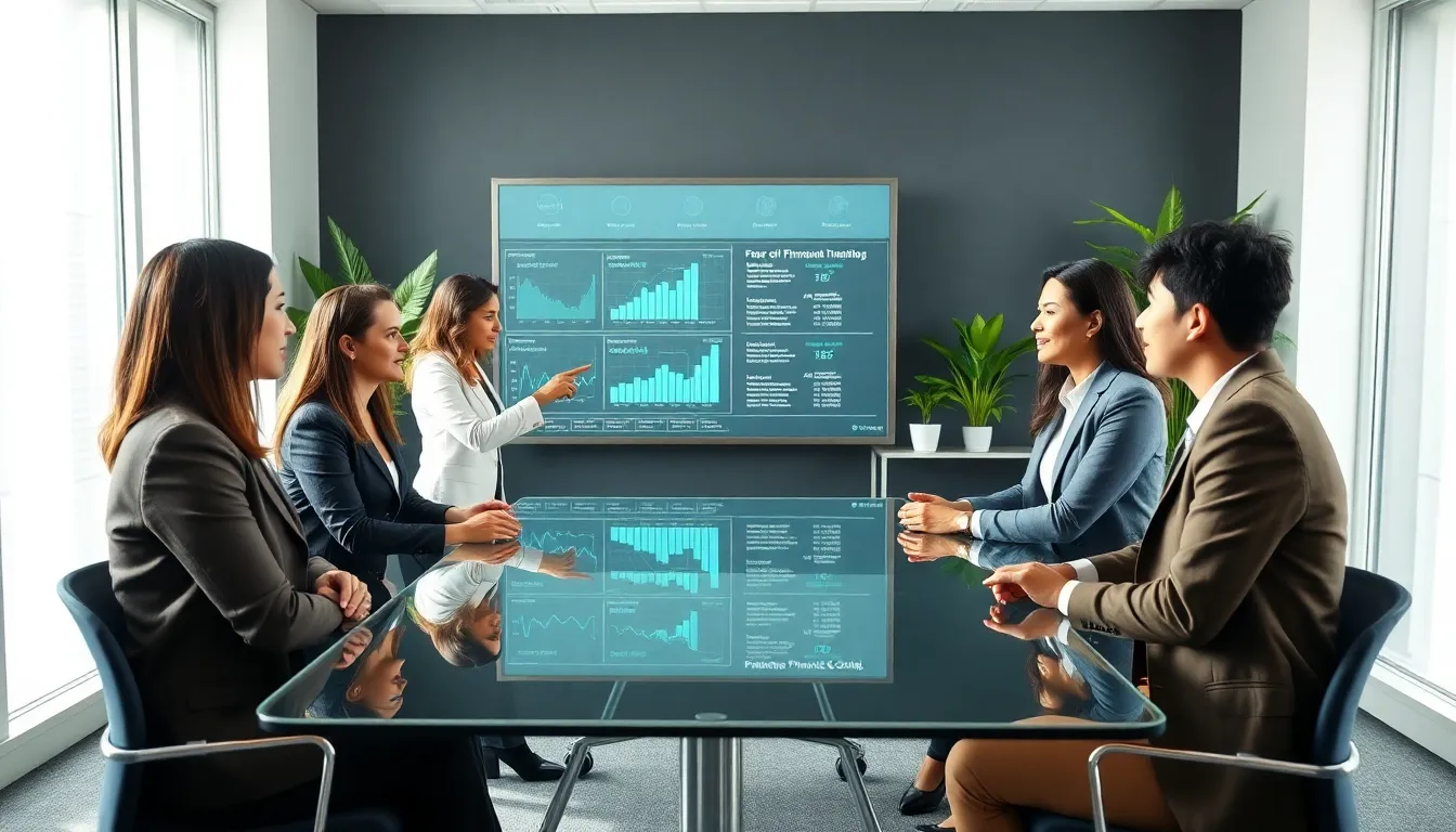 diverse finance team discussing financial strategies in a modern office.