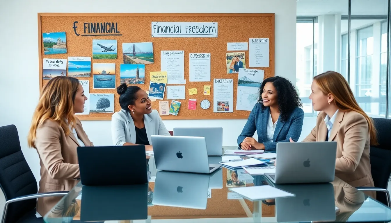 vision board depicting financial freedom goals in a modern office.