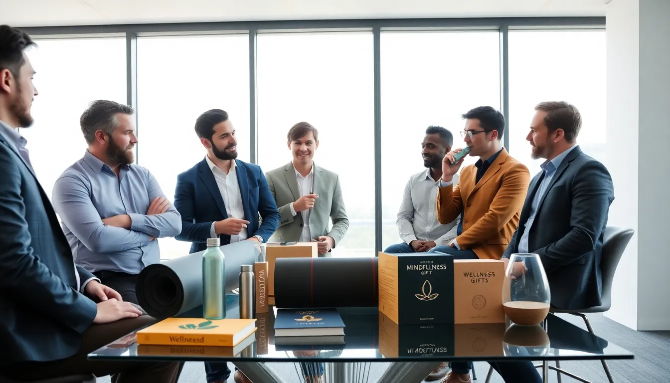 diverse men discussing wellness gifts in a modern office.