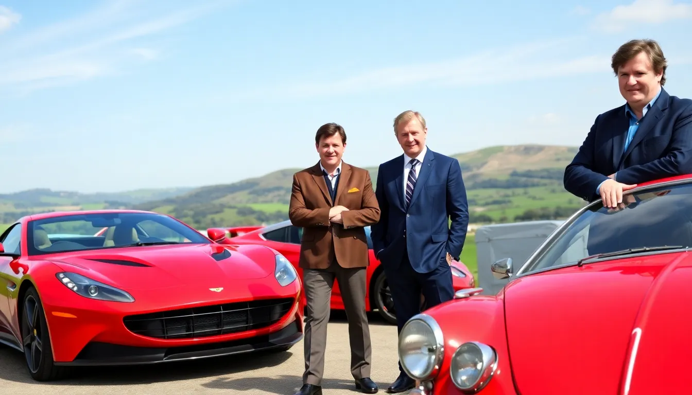 three hosts with their cars in a scenic outdoor setting.