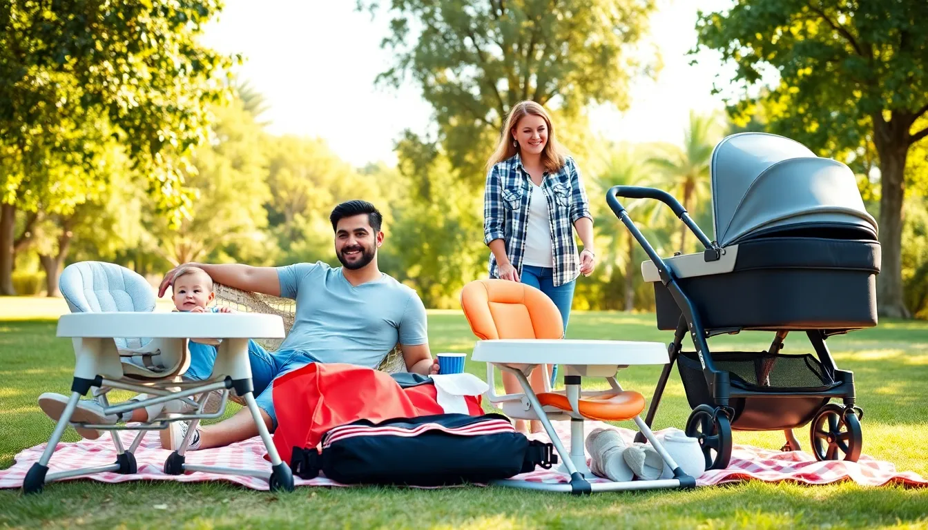 family enjoying rented baby gear in an Orange County park.