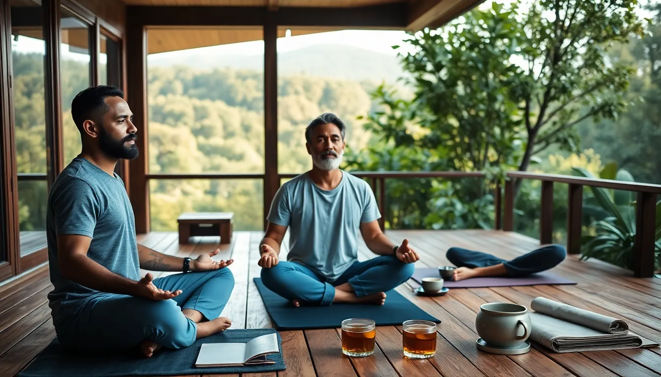 men practicing meditation at a wellness retreat in nature.