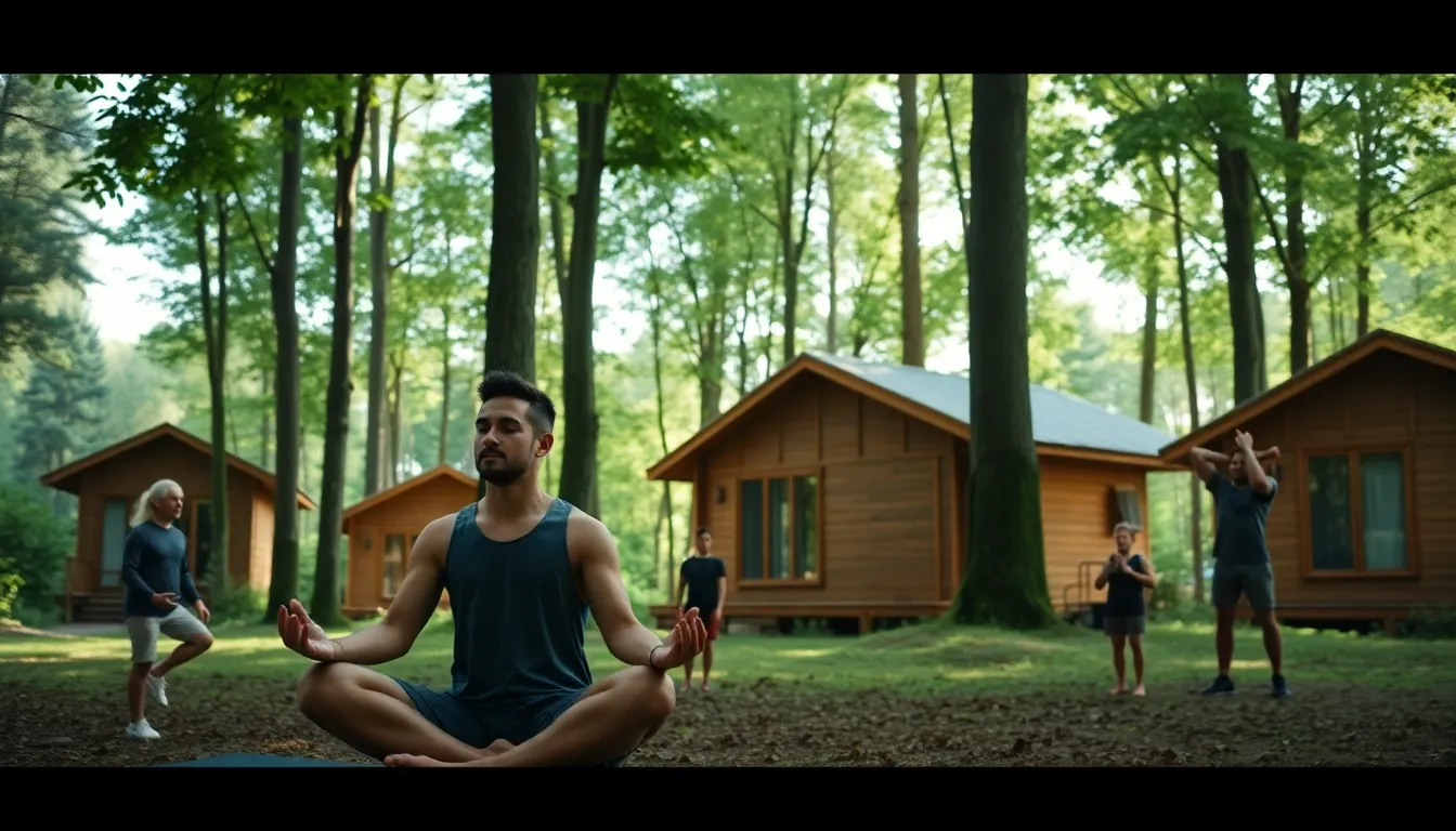 men engaging in wellness activities in a peaceful forest setting.